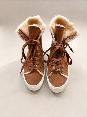 UGG Chestnut Suede Lace-Up Faux-Fur High-Top Boots
